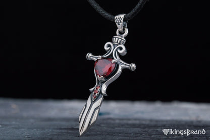 Vikings Norse Sword with Red Cubic Zirconia Pendant Sterling Silver Handmade Jewelry
