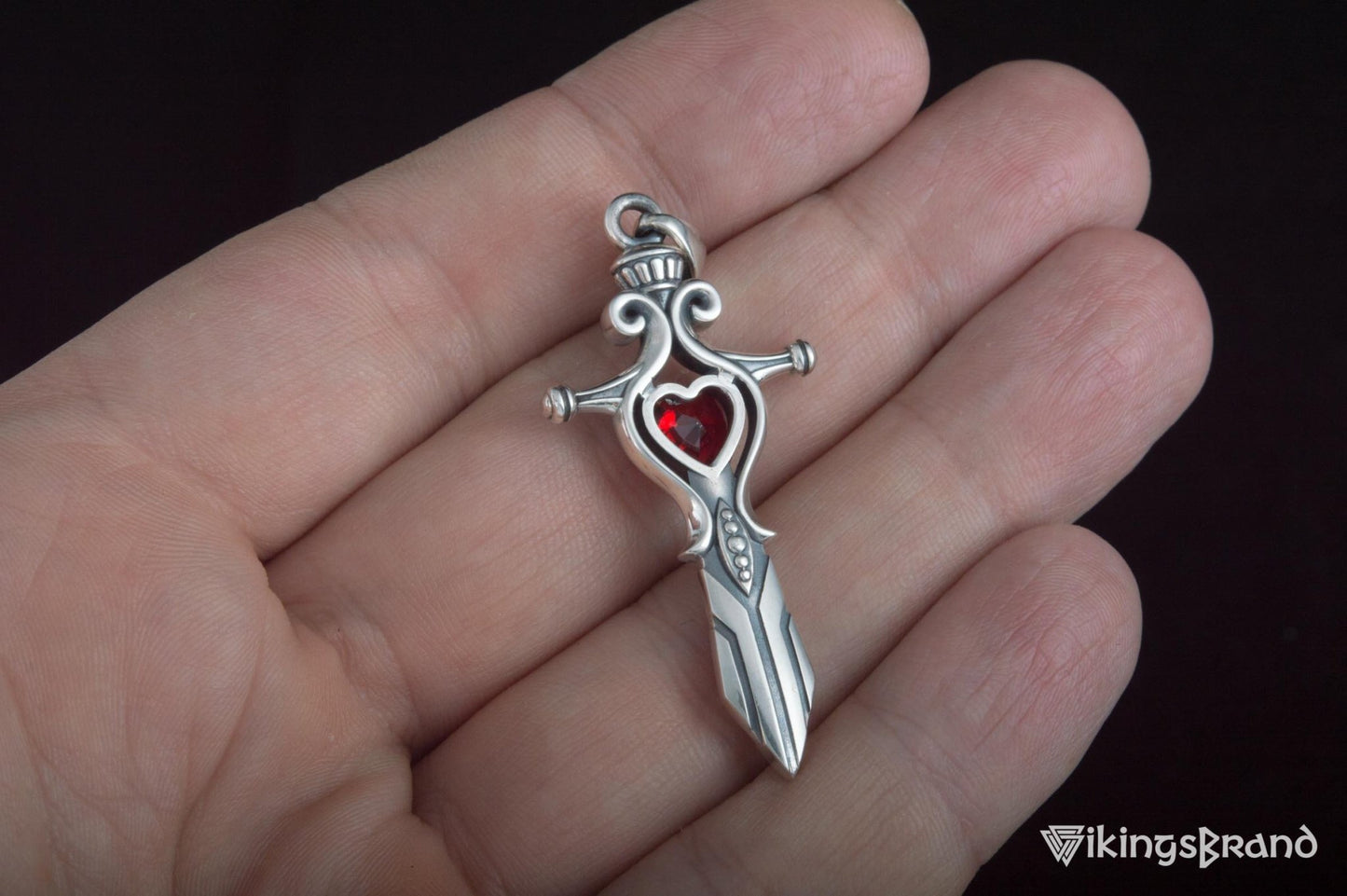 Vikings Norse Sword with Red Cubic Zirconia Pendant Sterling Silver Handmade Jewelry