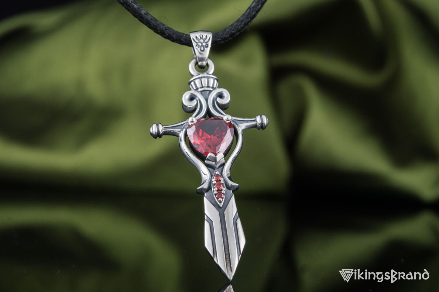 Vikings Norse Sword with Red Cubic Zirconia Pendant Sterling Silver Handmade Jewelry