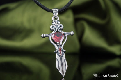 Vikings Norse Sword with Red Cubic Zirconia Pendant Sterling Silver Handmade Jewelry