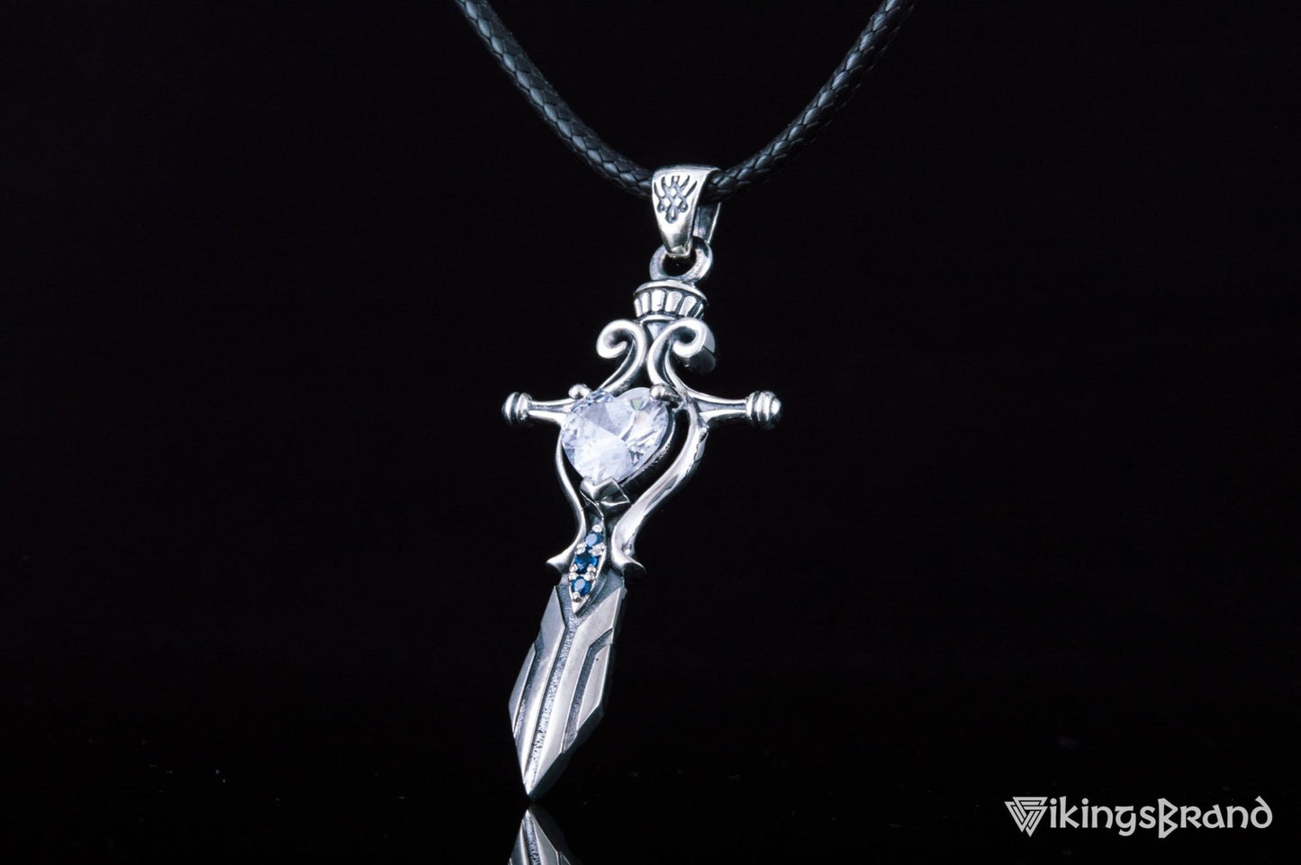Vikings Norse Sword with Red Cubic Zirconia Pendant Sterling Silver Handmade Jewelry