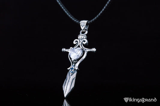 Vikings Norse Sword with Red Cubic Zirconia Pendant Sterling Silver Handmade Jewelry