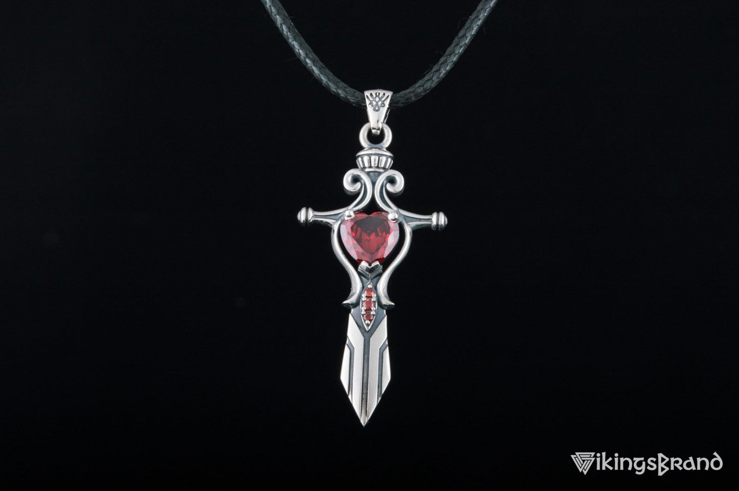 Vikings Norse Sword with Red Cubic Zirconia Pendant Sterling Silver Handmade Jewelry