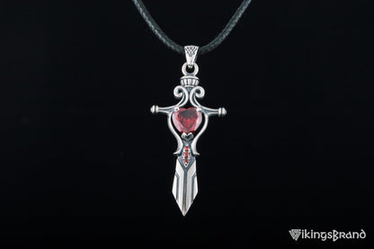 Vikings Norse Sword with Red Cubic Zirconia Pendant Sterling Silver Handmade Jewelry