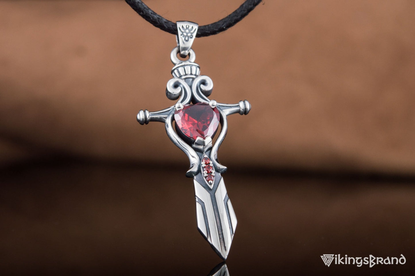 Vikings Norse Sword with Red Cubic Zirconia Pendant Sterling Silver Handmade Jewelry
