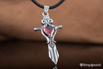 Vikings Norse Sword with Red Cubic Zirconia Pendant Sterling Silver Handmade Jewelry