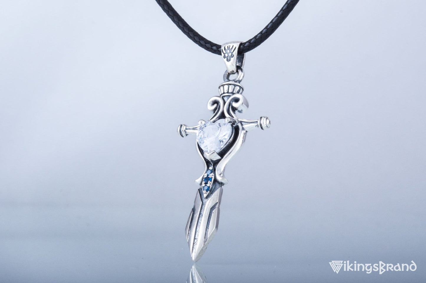 Vikings Norse Sword with Red Cubic Zirconia Pendant Sterling Silver Handmade Jewelry