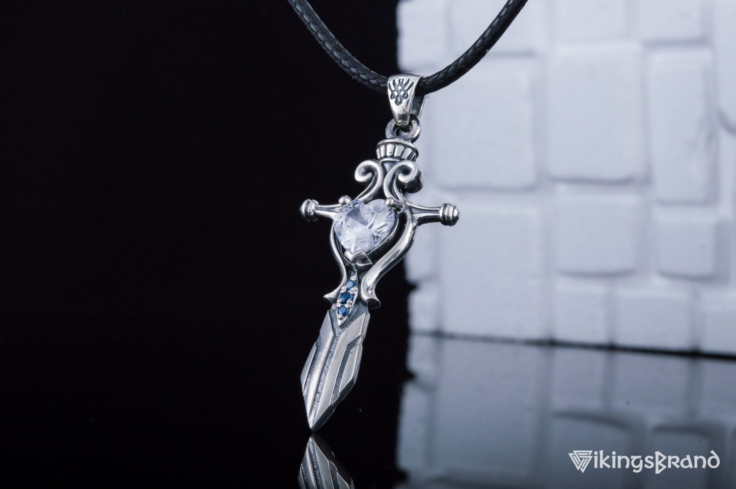 Vikings Norse Sword with Red Cubic Zirconia Pendant Sterling Silver Handmade Jewelry