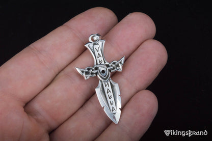 Vikings Norse Sword with Runes and Cubic Zirconia Pendant Sterling Silver Viking Jewelry