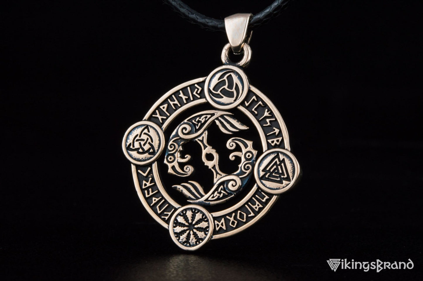 Vikings Odin Raven Pendant with Norse Symbols Bronze Viking Jewelry