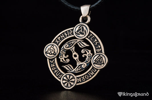 Vikings Odin Raven Pendant with Norse Symbols Bronze Viking Jewelry