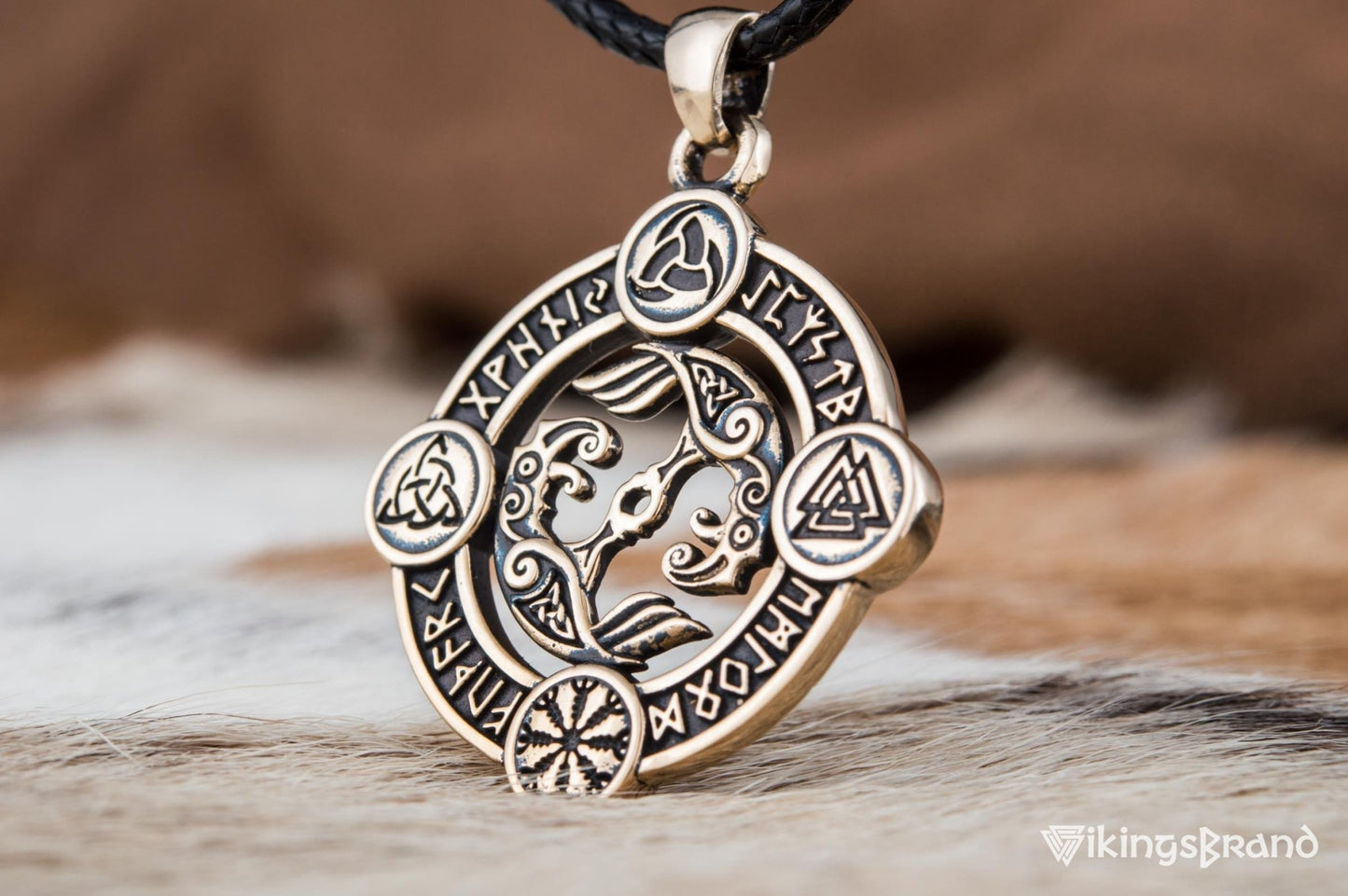 Vikings Odin Raven Pendant with Norse Symbols Bronze Viking Jewelry