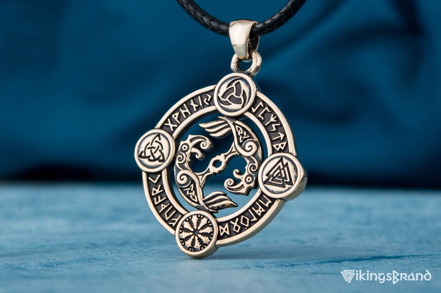 Vikings Odin Raven Pendant with Norse Symbols Bronze Viking Jewelry