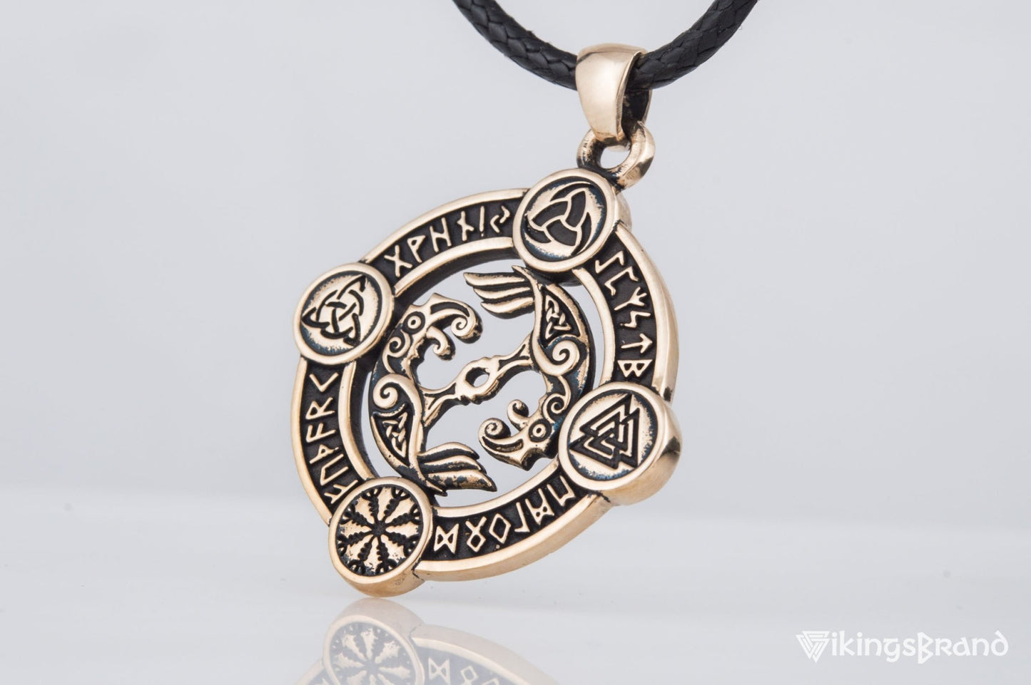 Vikings Odin Raven Pendant with Norse Symbols Bronze Viking Jewelry