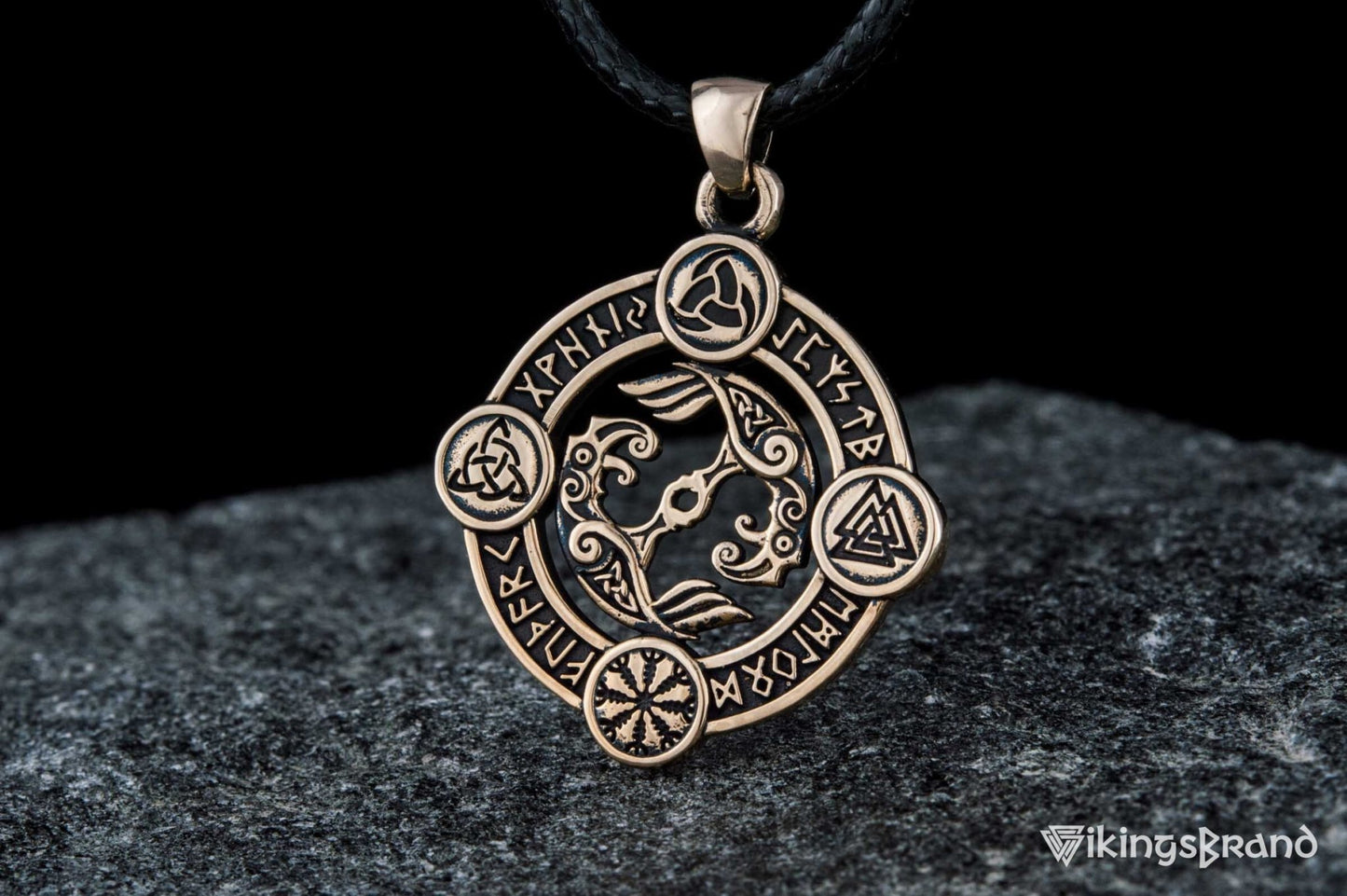 Vikings Odin Raven Pendant with Norse Symbols Bronze Viking Jewelry