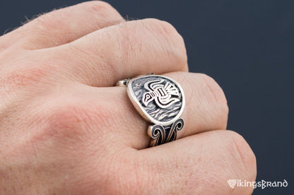 Vikings Raven Ring with Viking Ornament Sterling Silver Norse Jewelry