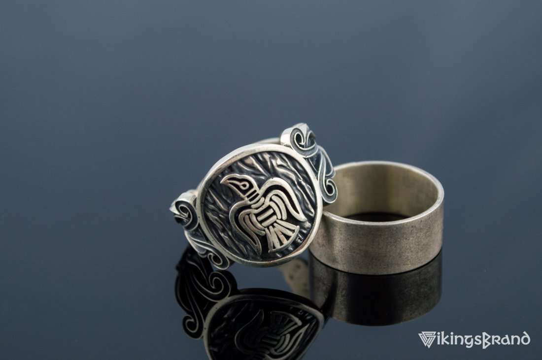 Vikings Raven Ring with Viking Ornament Sterling Silver Norse Jewelry
