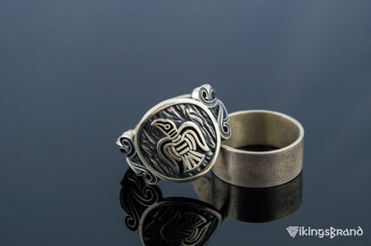 Vikings Raven Ring with Viking Ornament Sterling Silver Norse Jewelry