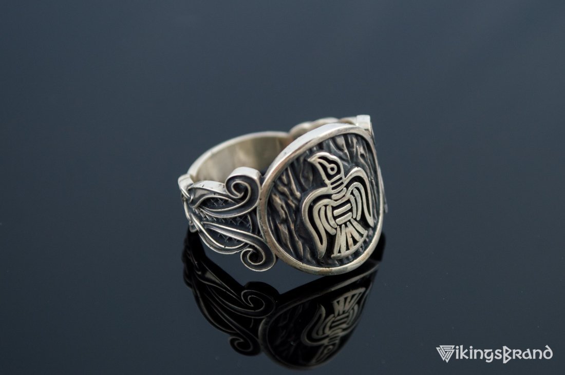 Vikings Raven Ring with Viking Ornament Sterling Silver Norse Jewelry
