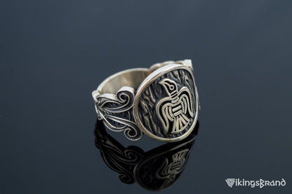 Vikings Raven Ring with Viking Ornament Sterling Silver Norse Jewelry