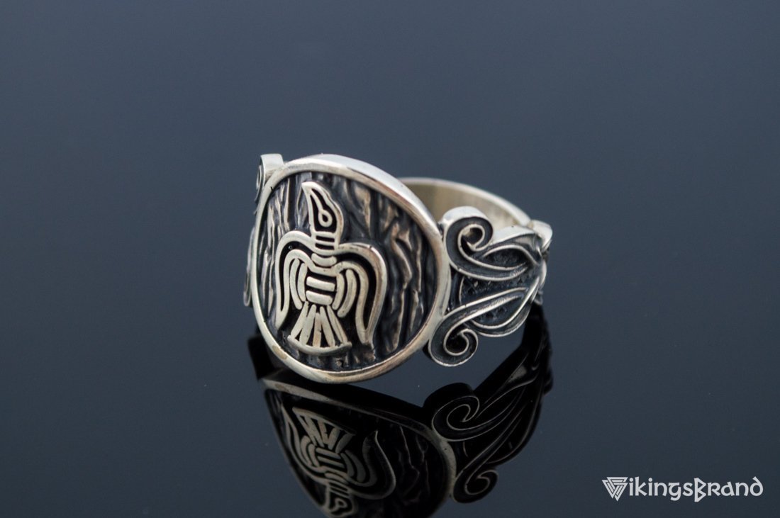 Vikings Raven Ring with Viking Ornament Sterling Silver Norse Jewelry