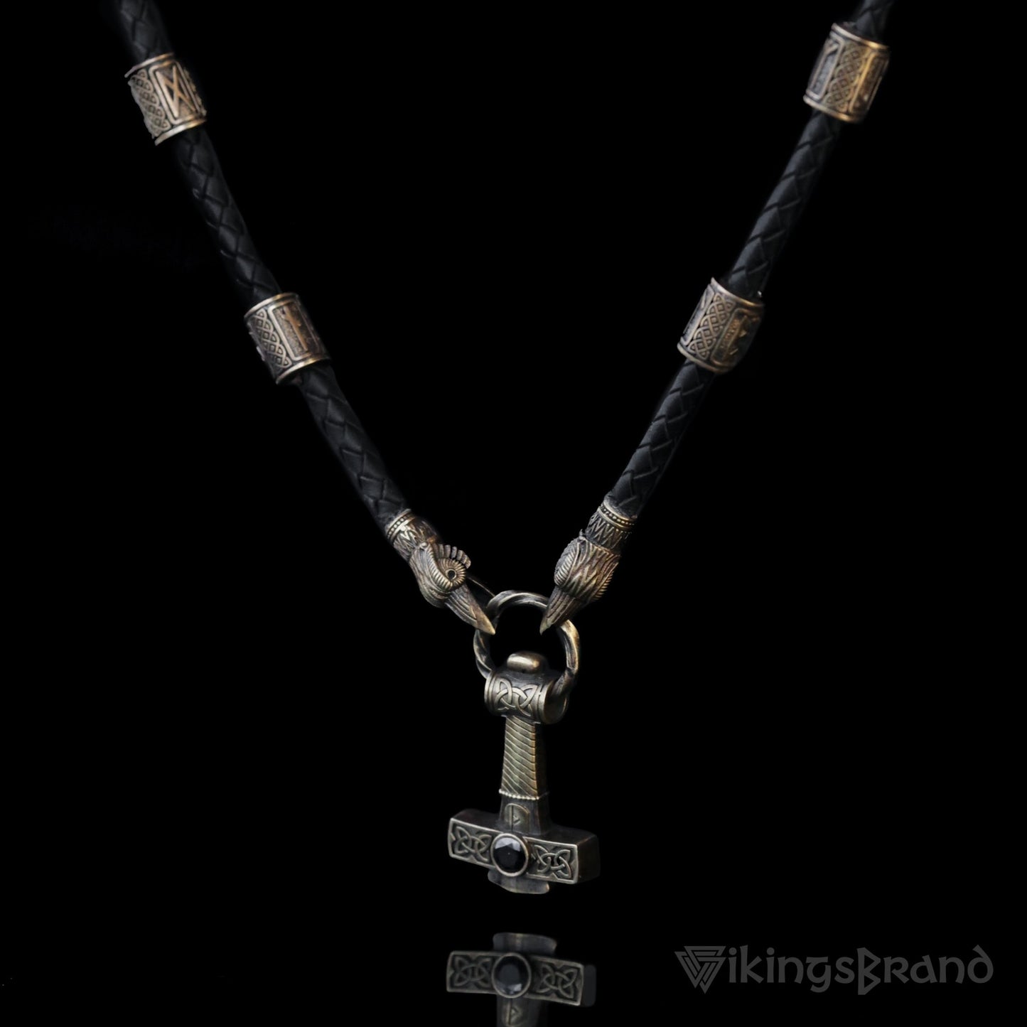Vikings Ravens Necklace with Bronze Mjolnir & Black Agate