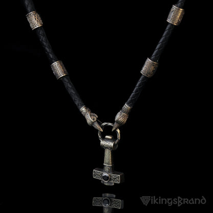 Vikings Ravens Necklace with Bronze Mjolnir & Black Agate
