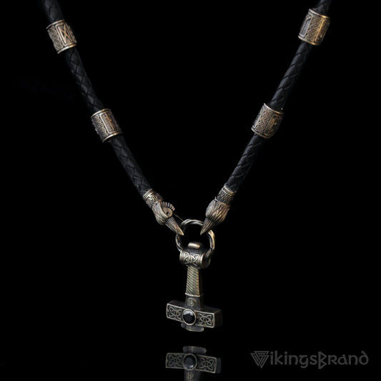Vikings Ravens Necklace with Bronze Mjolnir & Black Agate