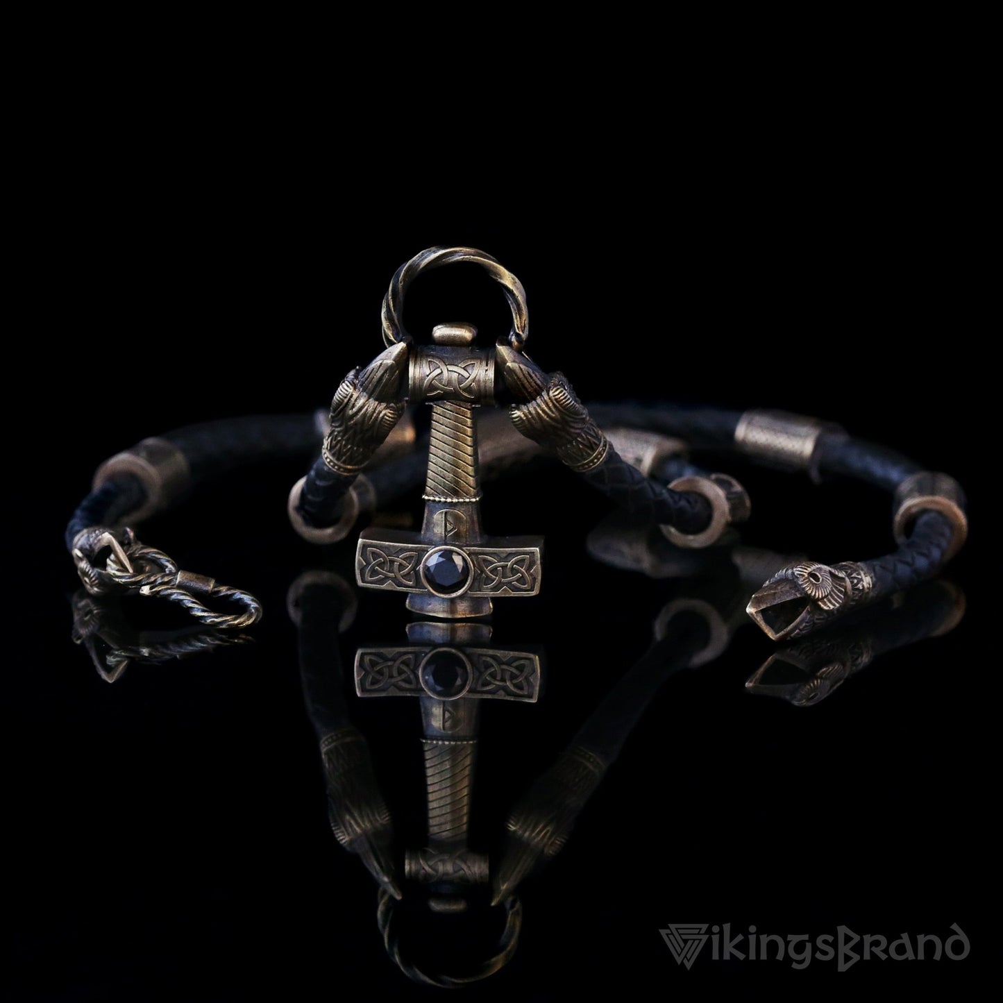 Vikings Ravens Necklace with Bronze Mjolnir & Black Agate