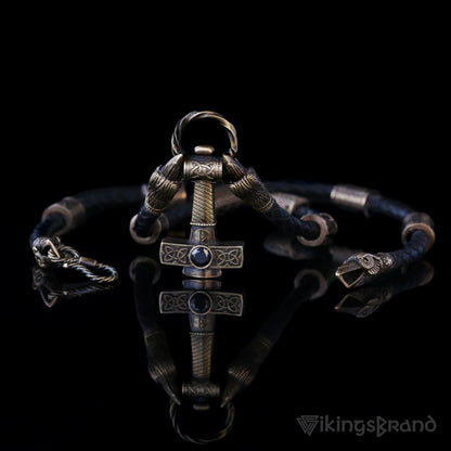 Vikings Ravens Necklace with Bronze Mjolnir & Black Agate