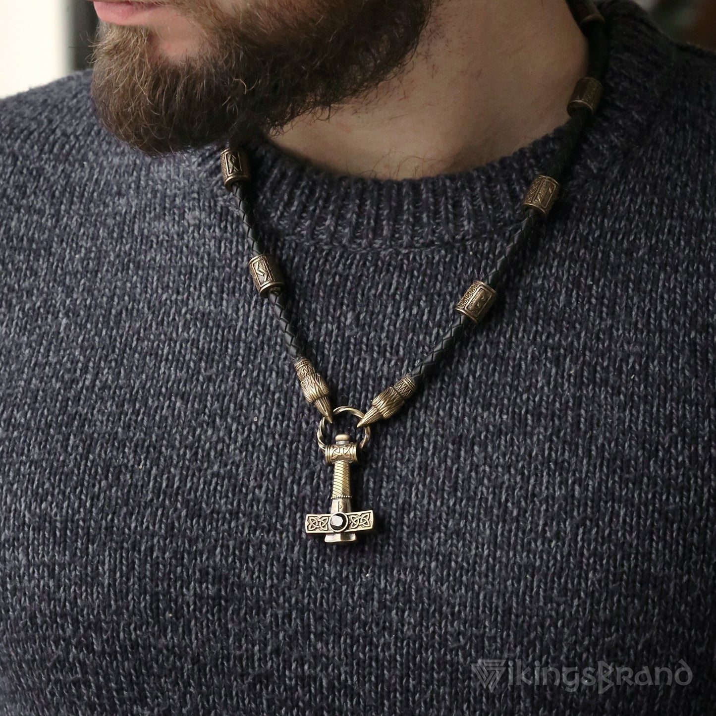 Vikings Ravens Necklace with Bronze Mjolnir & Black Agate