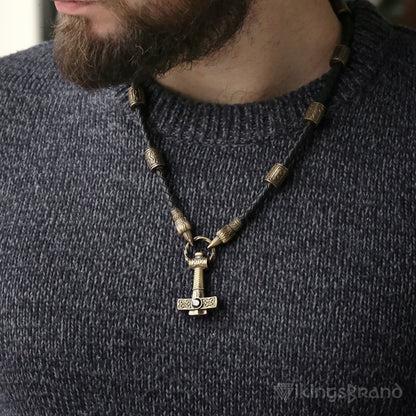 Vikings Ravens Necklace with Bronze Mjolnir & Black Agate