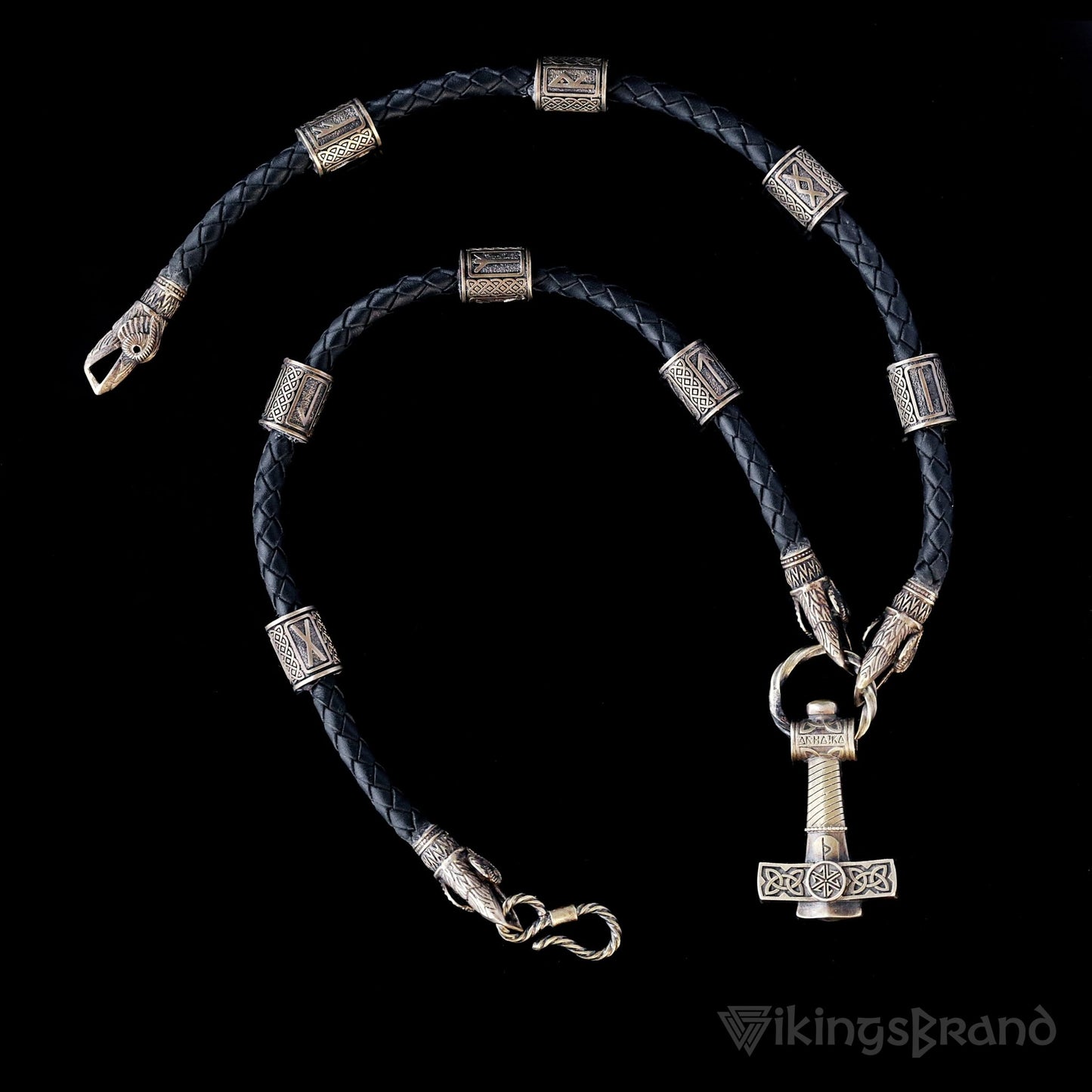 Vikings Ravens Necklace with Bronze Mjolnir & Black Agate