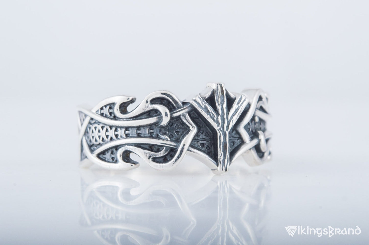 Vikings Ring with Algiz Rune and Norse Ornament Sterling Silver Viking Jewelry
