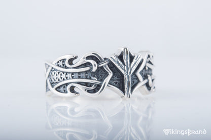 Vikings Ring with Algiz Rune and Norse Ornament Sterling Silver Viking Jewelry