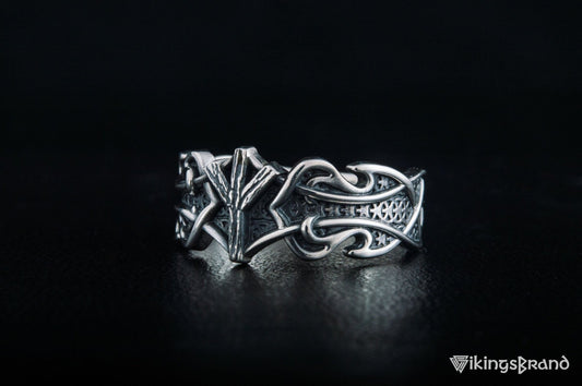 Vikings Ring with Algiz Rune and Norse Ornament Sterling Silver Viking Jewelry