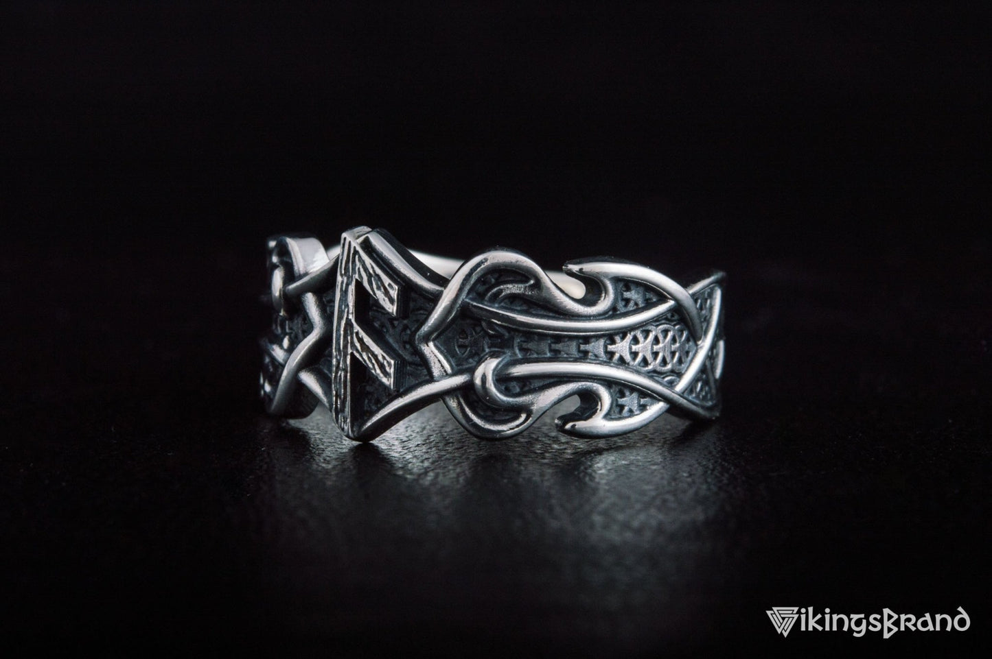 Vikings Ring with Ansuz Rune and Norse Ornament Sterling Silver Viking Jewelry