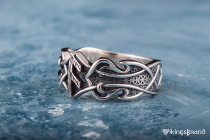 Vikings Ring with Ansuz Rune and Norse Ornament Sterling Silver Viking Jewelry