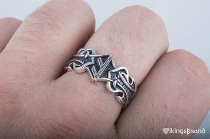 Vikings Ring with Ansuz Rune and Norse Ornament Sterling Silver Viking Jewelry