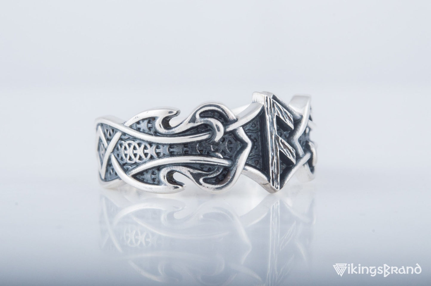 Vikings Ring with Ansuz Rune and Norse Ornament Sterling Silver Viking Jewelry