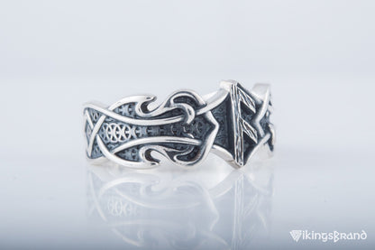 Vikings Ring with Ansuz Rune and Norse Ornament Sterling Silver Viking Jewelry