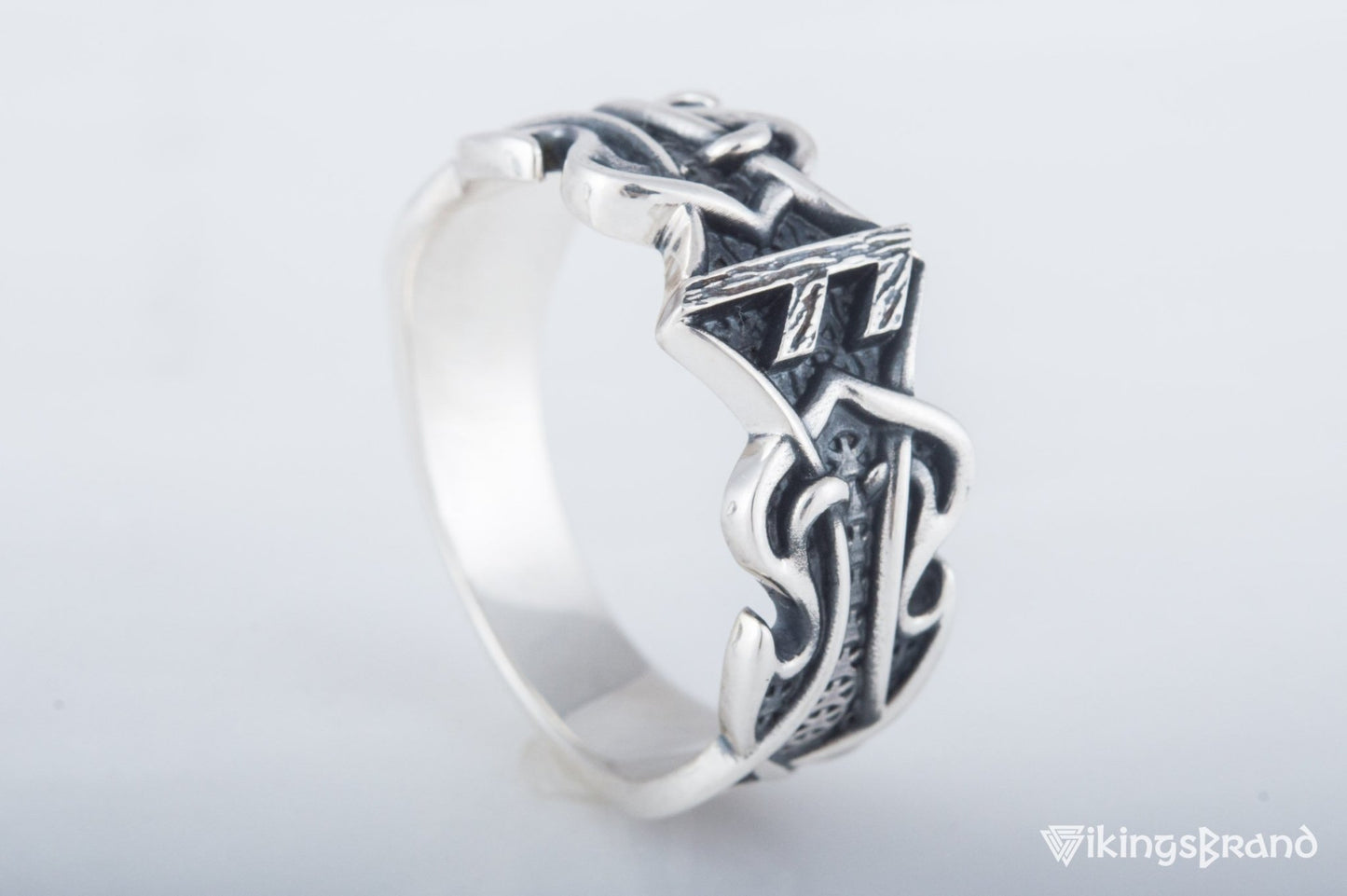 Vikings Ring with Ansuz Rune and Norse Ornament Sterling Silver Viking Jewelry