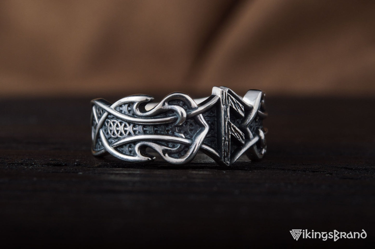 Vikings Ring with Ansuz Rune and Norse Ornament Sterling Silver Viking Jewelry