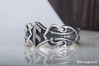 Vikings Ring with Ansuz Rune and Norse Ornament Sterling Silver Viking Jewelry