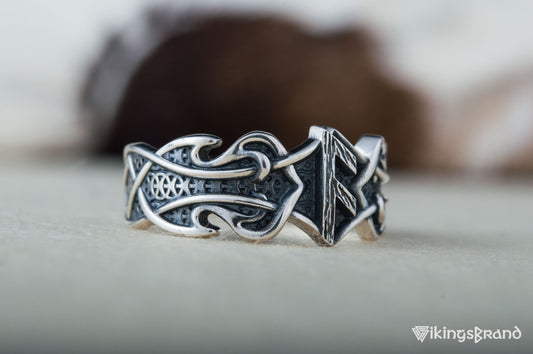 Vikings Ring with Ansuz Rune and Norse Ornament Sterling Silver Viking Jewelry