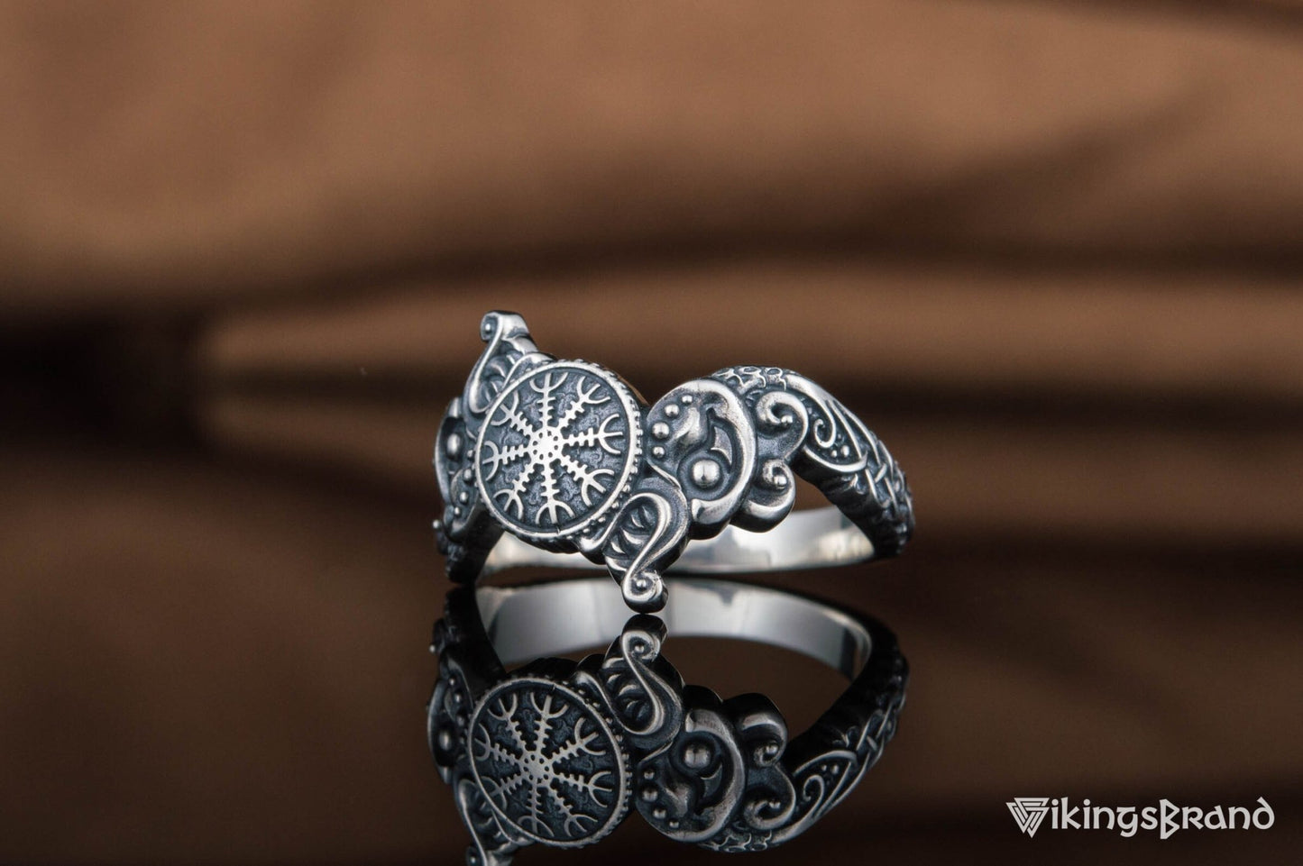 Vikings Ring with Helm of Awe Symbol and Wolf Ornament Sterling Silver Viking Jewelry