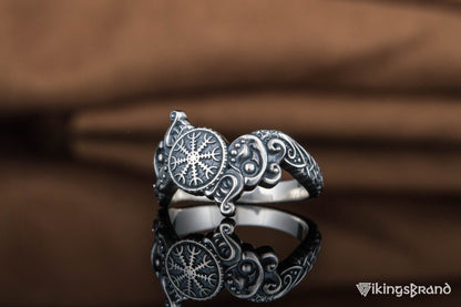 Vikings Ring with Helm of Awe Symbol and Wolf Ornament Sterling Silver Viking Jewelry