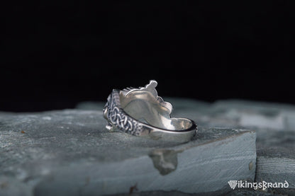 Vikings Ring with Helm of Awe Symbol and Wolf Ornament Sterling Silver Viking Jewelry