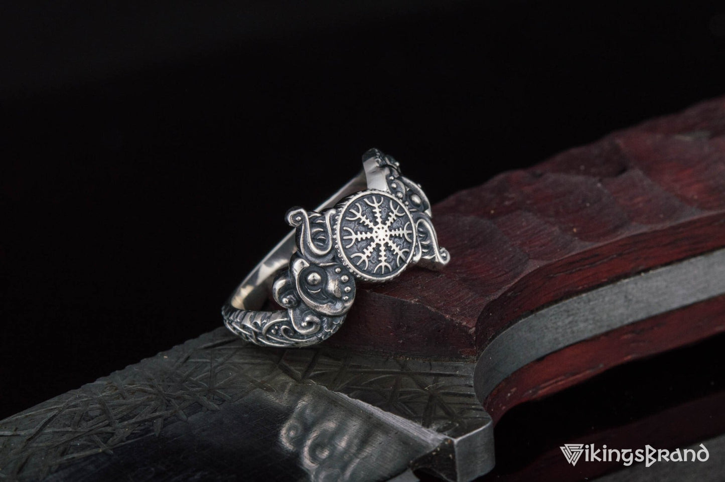 Vikings Ring with Helm of Awe Symbol and Wolf Ornament Sterling Silver Viking Jewelry