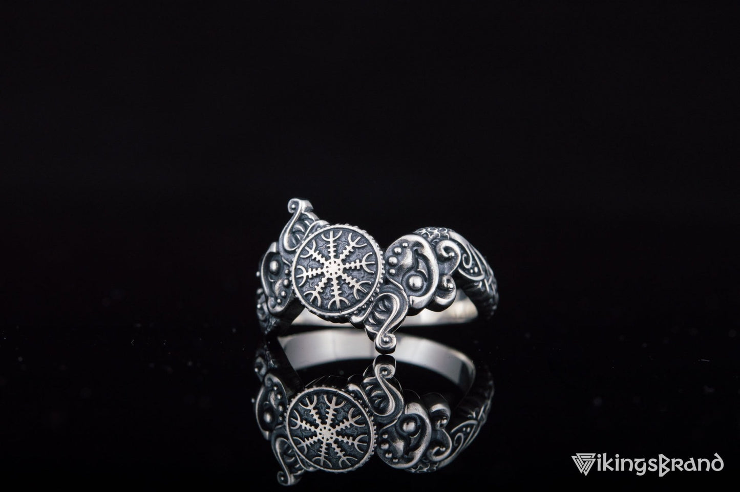 Vikings Ring with Helm of Awe Symbol and Wolf Ornament Sterling Silver Viking Jewelry